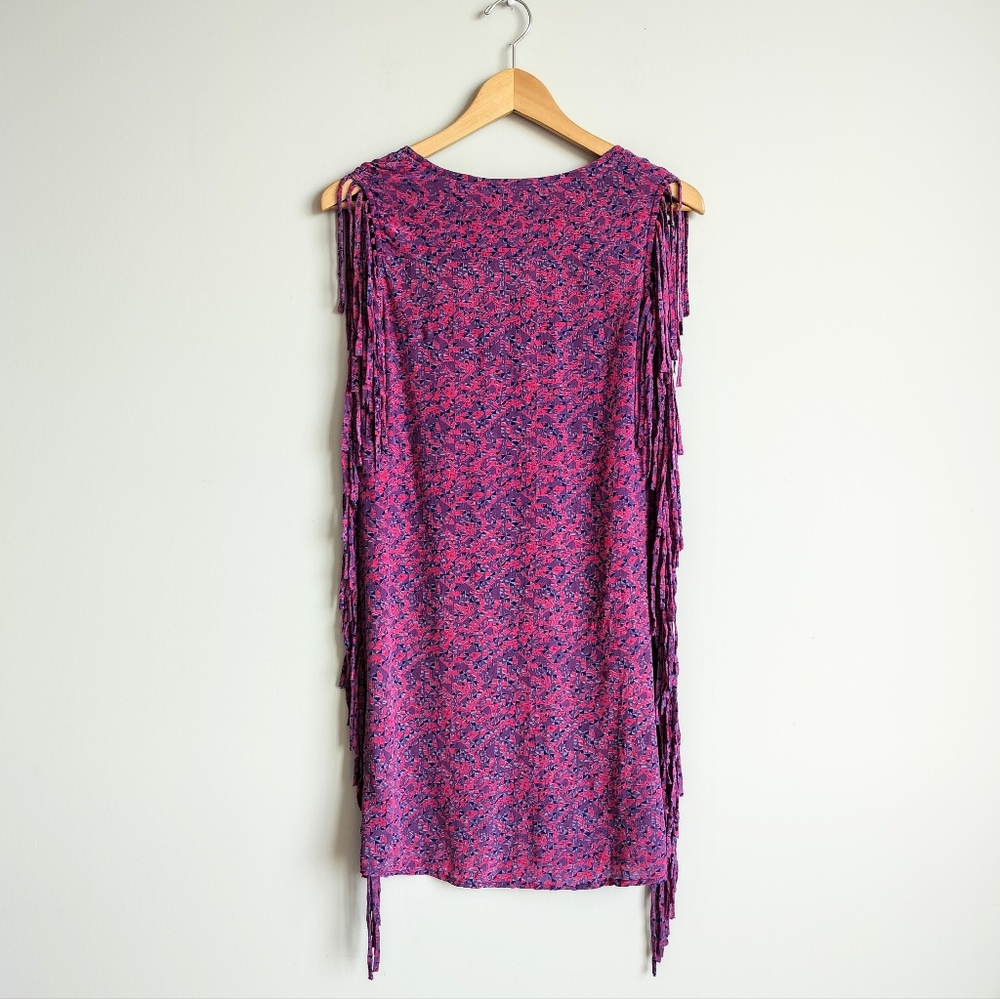 MAJE 100% Silk Sleeveless Boho Fringe Purple Pink Shift Mini Dress sz. S - Picture 4 of 7
